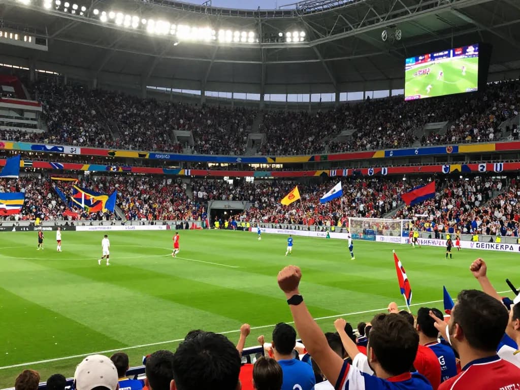 Live football match at 7m stadium, players in action with enthusiastic fans cheering.