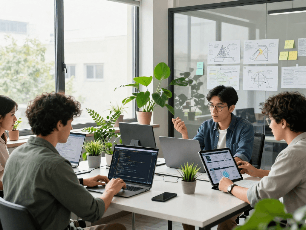 Software developers collaborating in a modern tech workspace focused on ia +18 projects with digital devices and brainstorming materials.