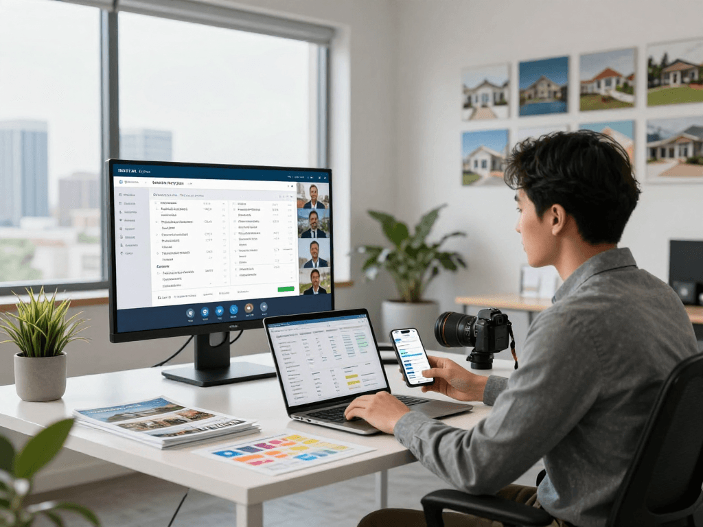 IDXSTAR real estate agent showcasing listings in a modern office.