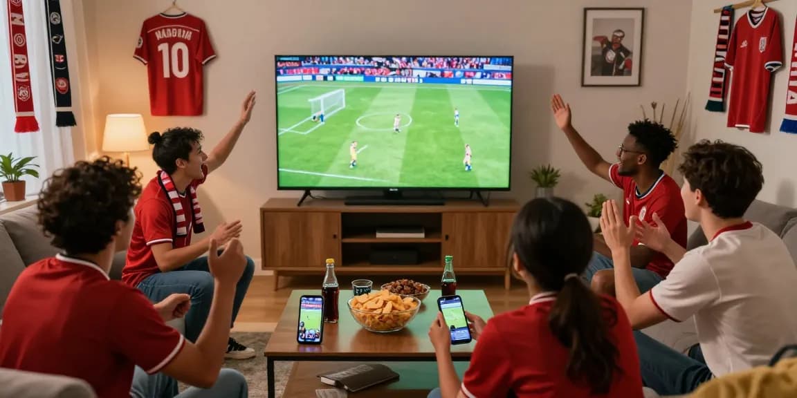 Cakhia bóng đá scene with football fans passionately watching a live match in cozy living room.