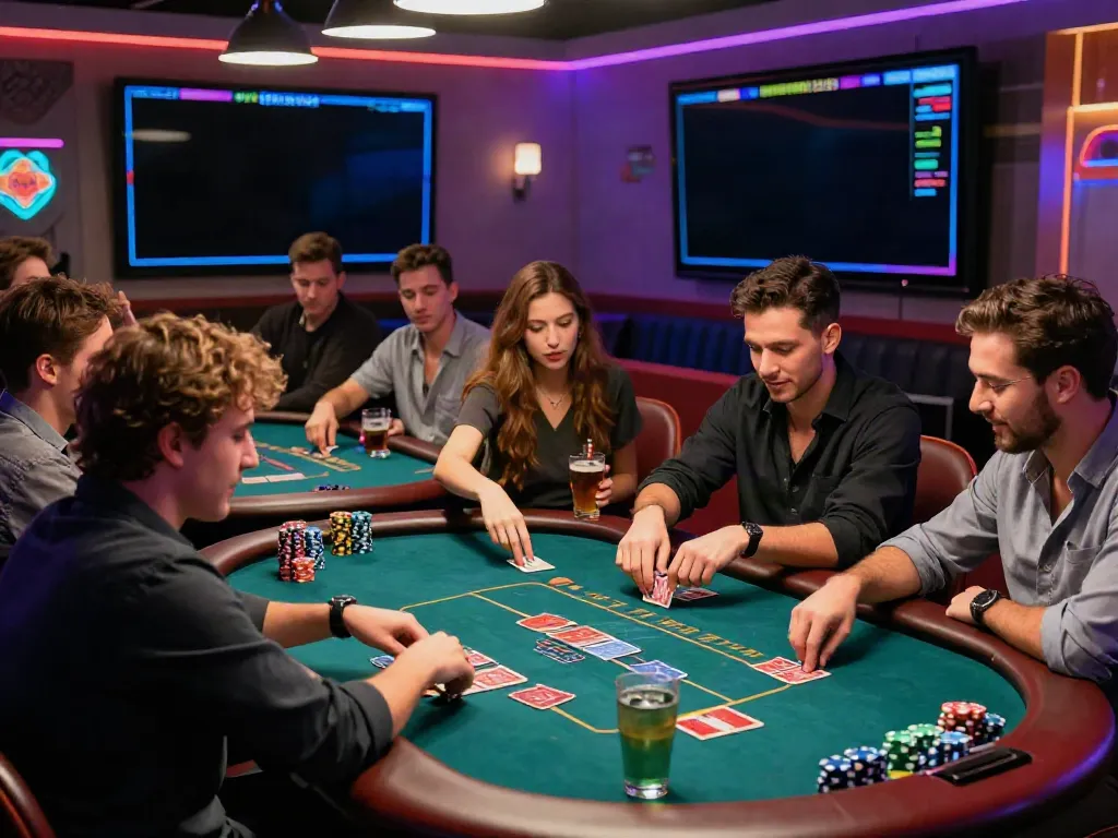 Exciting scene at credit card casinos with friends enjoying table games and vibrant atmosphere