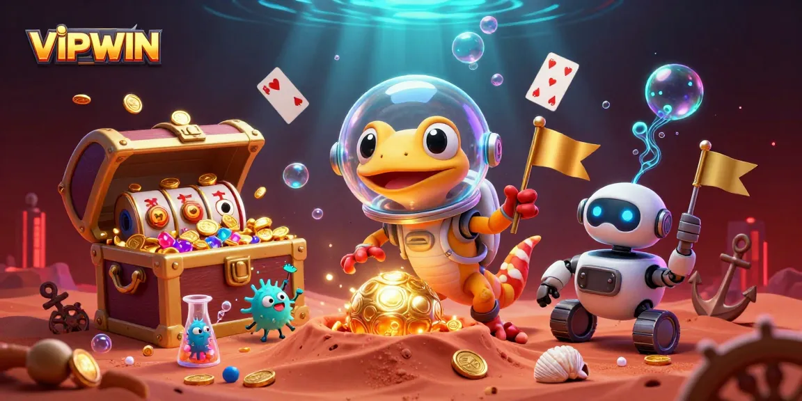 Join the excitement at VIPWIN casino featuring a Martian gecko discovering treasures in a vibrant, intergalactic setting.