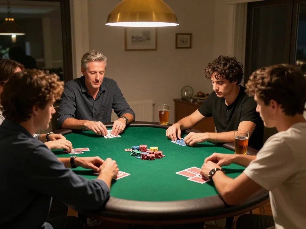Friends playing poker at home, enjoying strategic gameplay and social interaction with GA888