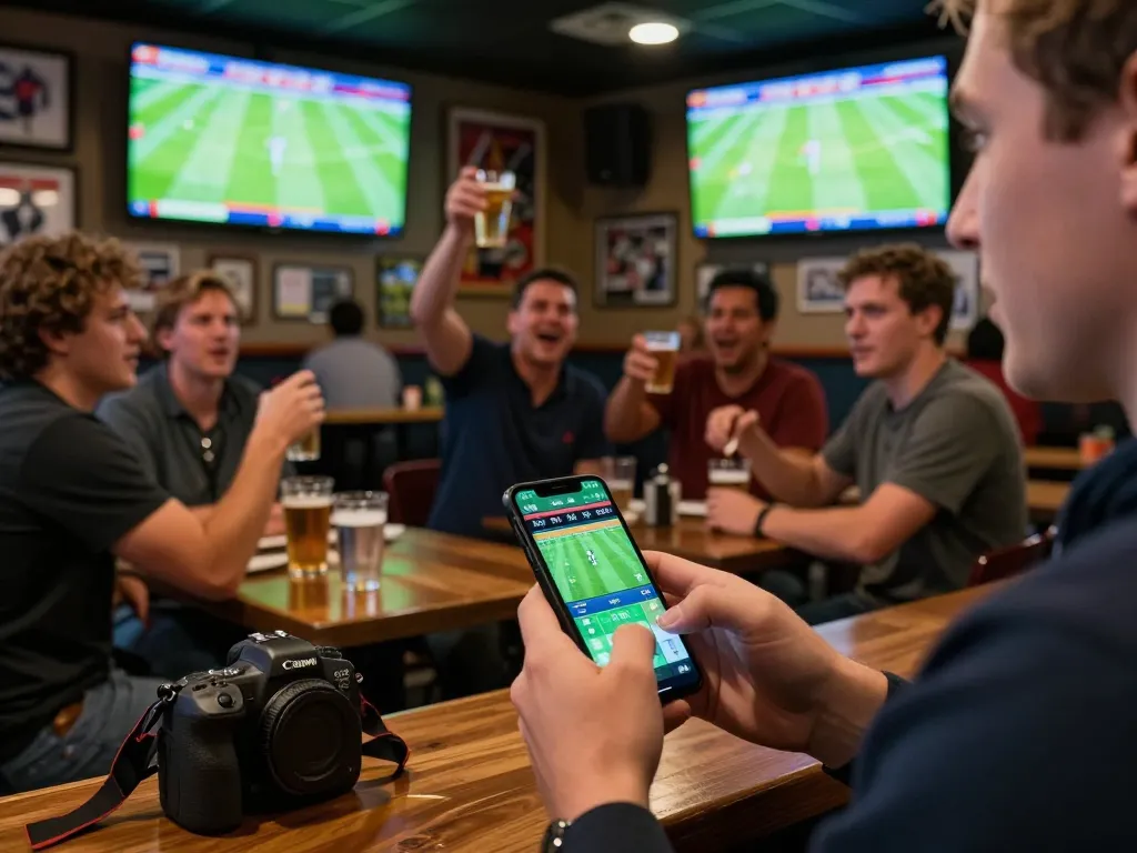 Excited bettor using a mobile app to place football bets in busy sports bar atmosphere.