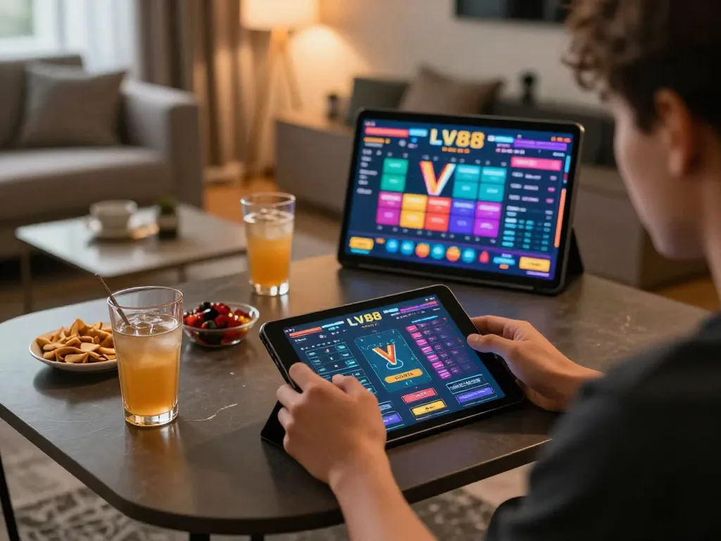 Engaging in online gaming on LV88 platform at home, showcasing modern setup and cozy atmosphere.