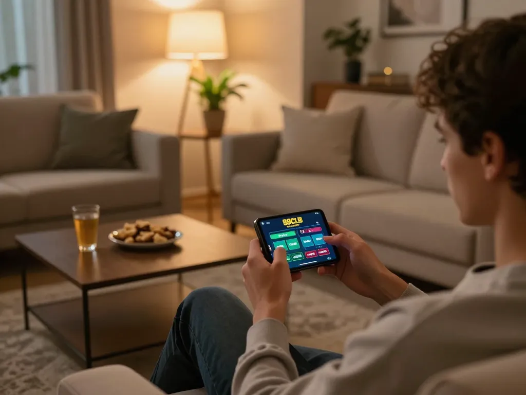 Player using the 88clbgo casino app on a smartphone in a cozy living room setting, showcasing online gaming engagement