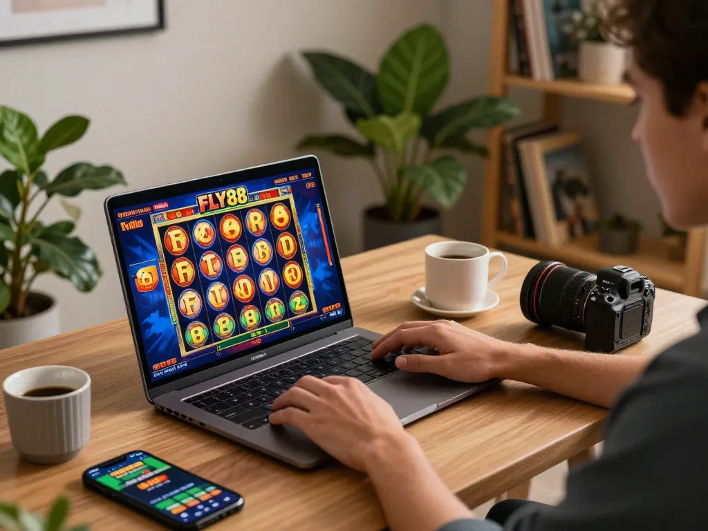 Engaging moment of a player using FLY88 for online slots at a stylish home desk.