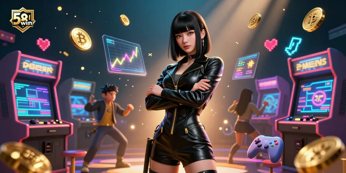Join the action at 58win as the stunning Asian woman showcases her skills surrounded by vibrant casino elements and gaming fun.