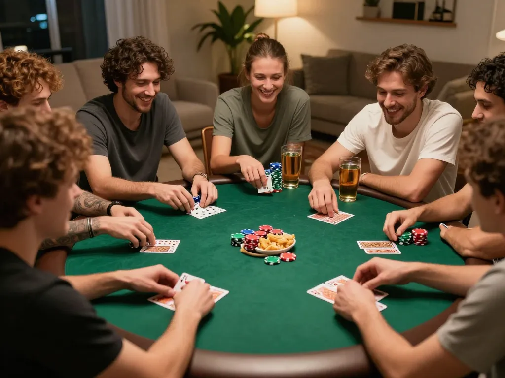 WALA88 players engaging in a lively poker night with chips and cards visible, fostering social gaming excitement.