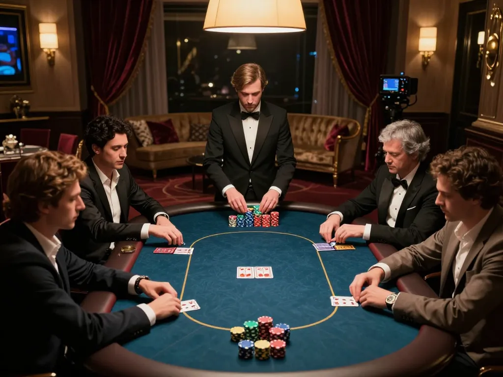 U888 poker players strategizing during an exclusive high-stakes game in a luxurious setting.