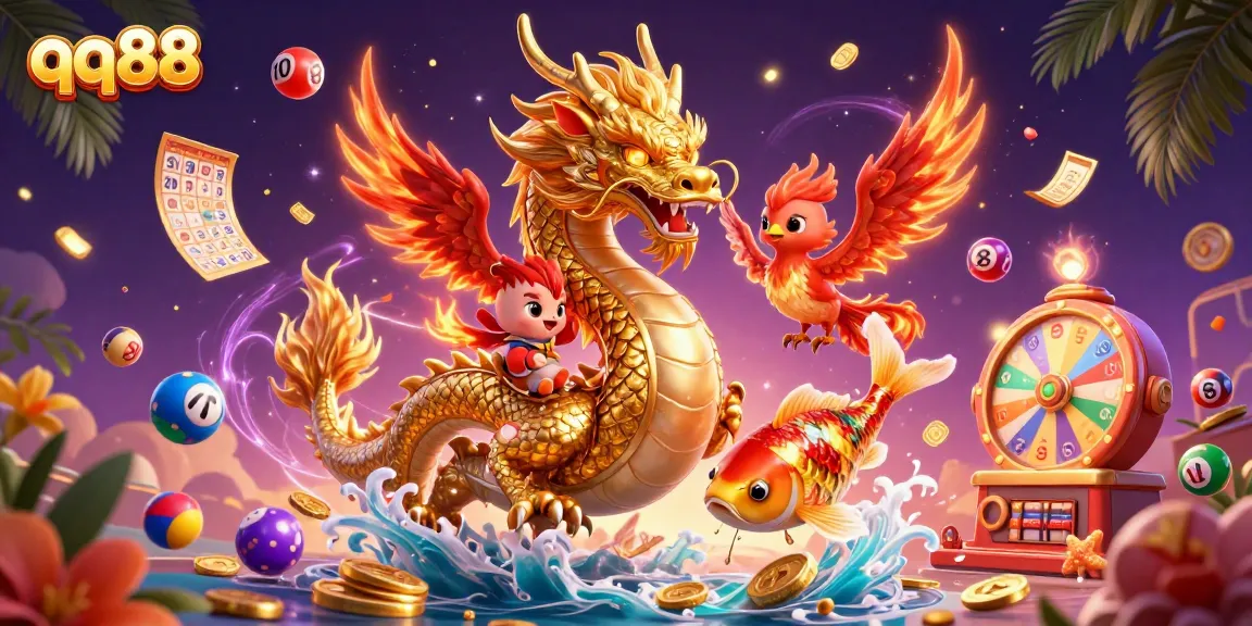 Experience thrilling gaming at qq88 with vibrant characters, dynamic lottery elements, and rich casino ambiance.