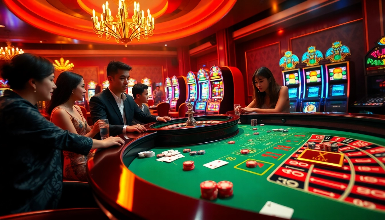 Exciting casino experience at hm88 com vn with players engaged in roulette and vibrant slot machines.