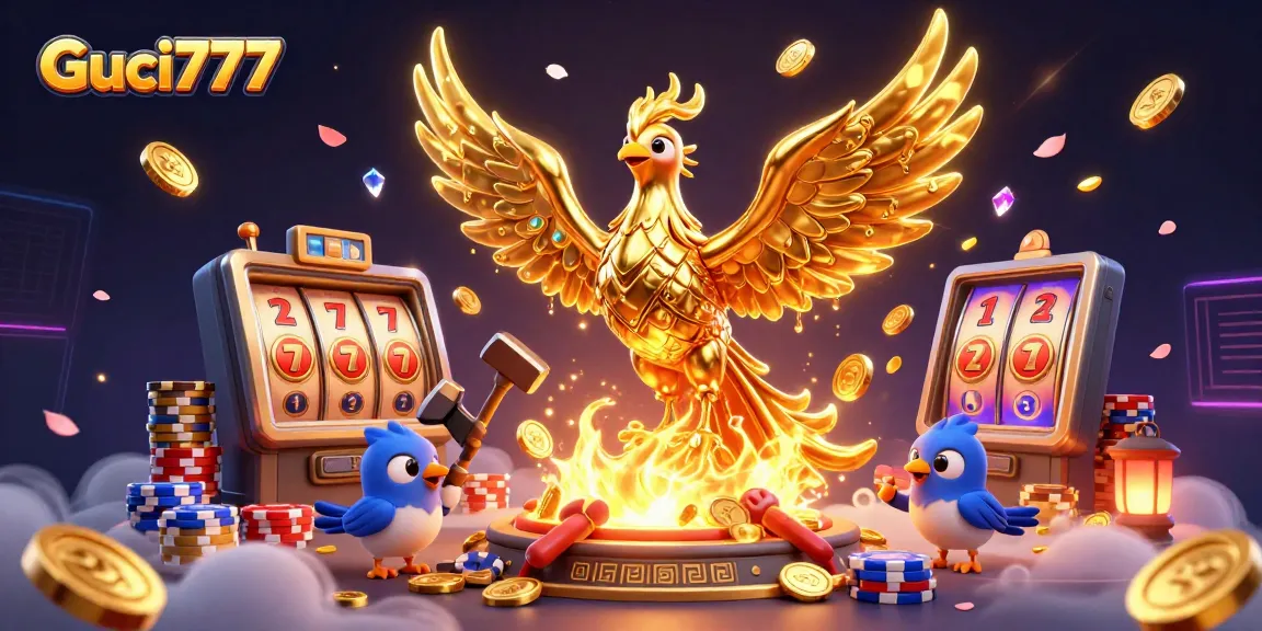 Menangkan permainan di Guci777 dengan simbol slot keberuntungan dan koin emas berkilauan.