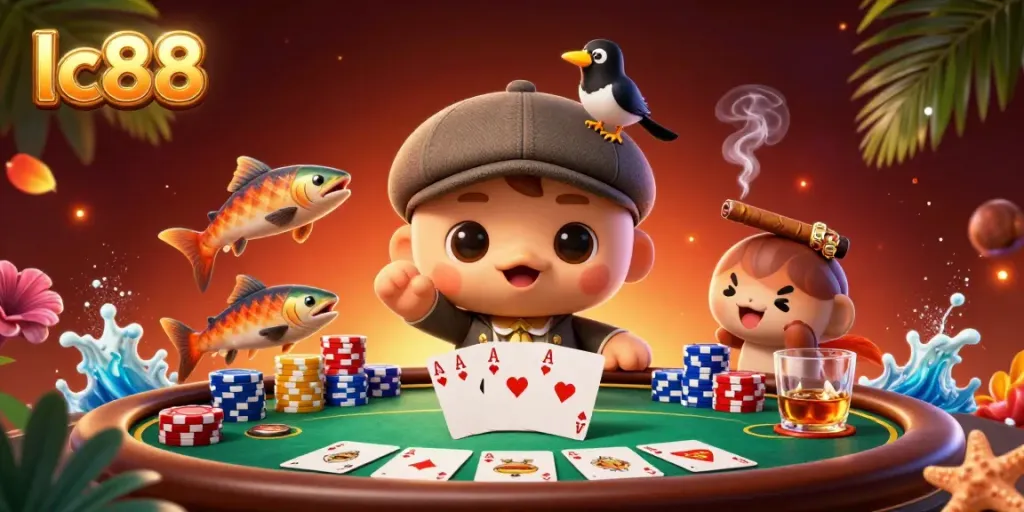 Engage with the toy-themed lc88 gaming scene featuring cartoon Nessie and poker elements.