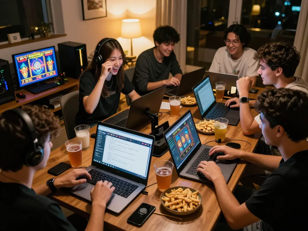 Players enjoying slot games on GTAtogel during a lively home game night.