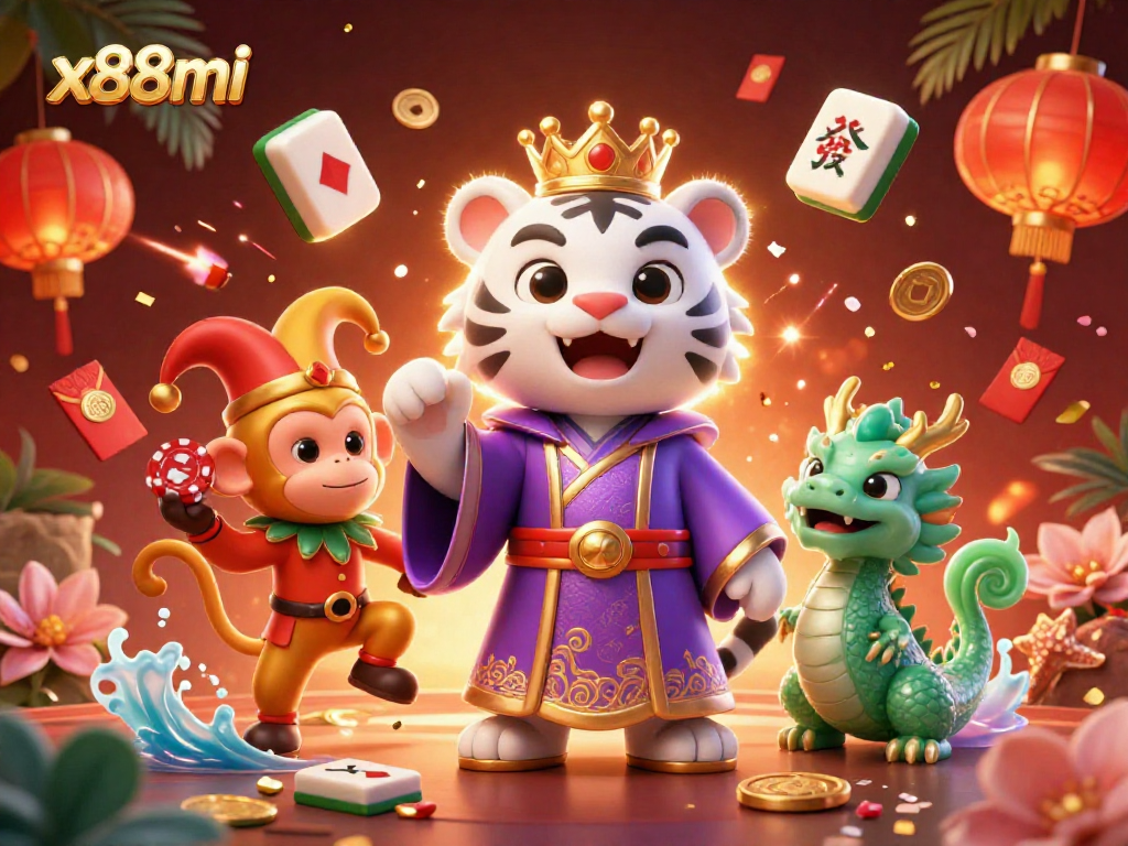 Experience the thrill of x88mi with characters in casino action surrounded by vibrant game elements and festive décor.