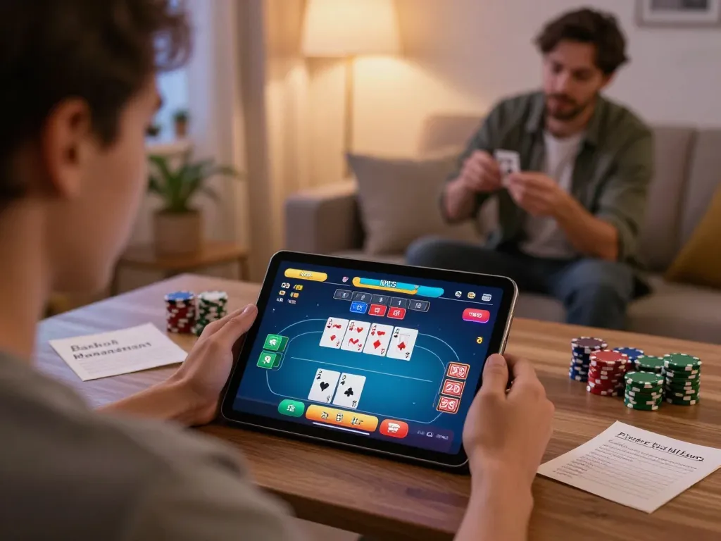 Engaging in Go8 poker play on a tablet with friends in a cozy home setup, promoting responsible gaming.
