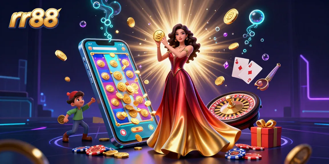 Experience exciting gaming at rr88 with a beautiful Asian woman holding a golden coin among vibrant casino elements.