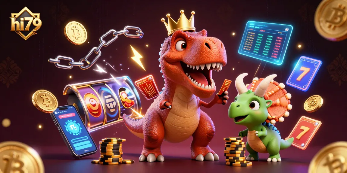 Engage in exciting hi79 casino action featuring T-Rex shuffling cards and a baby triceratops stacking chips.