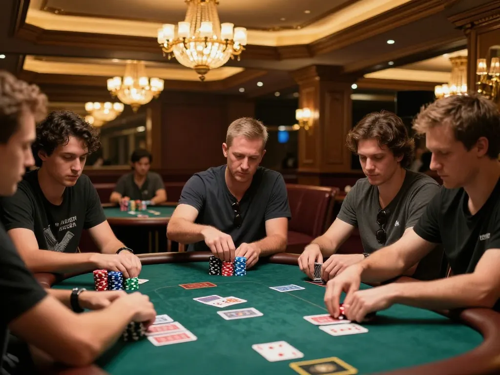 Players strategizing at a high-stakes poker table in B52 Club casino, focused on their winning hands.