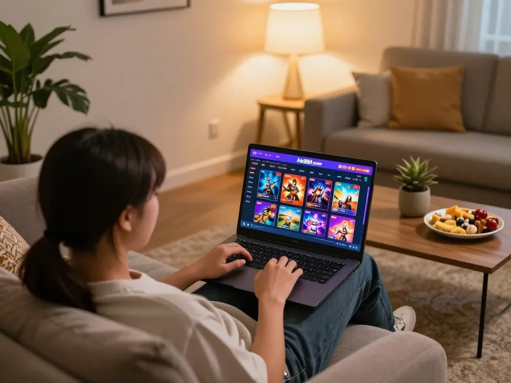 Engaged player exploring online slots on Nk881 sa com from a cozy home gaming setup.