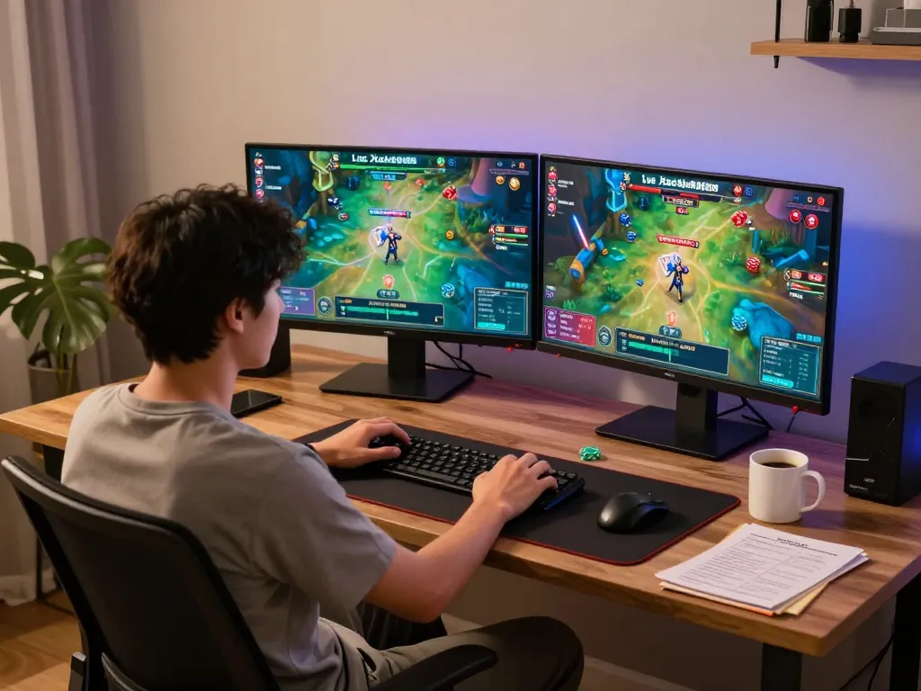 Xocdia88 player engaging in live online gaming with dual monitors in a cozy home office setup.