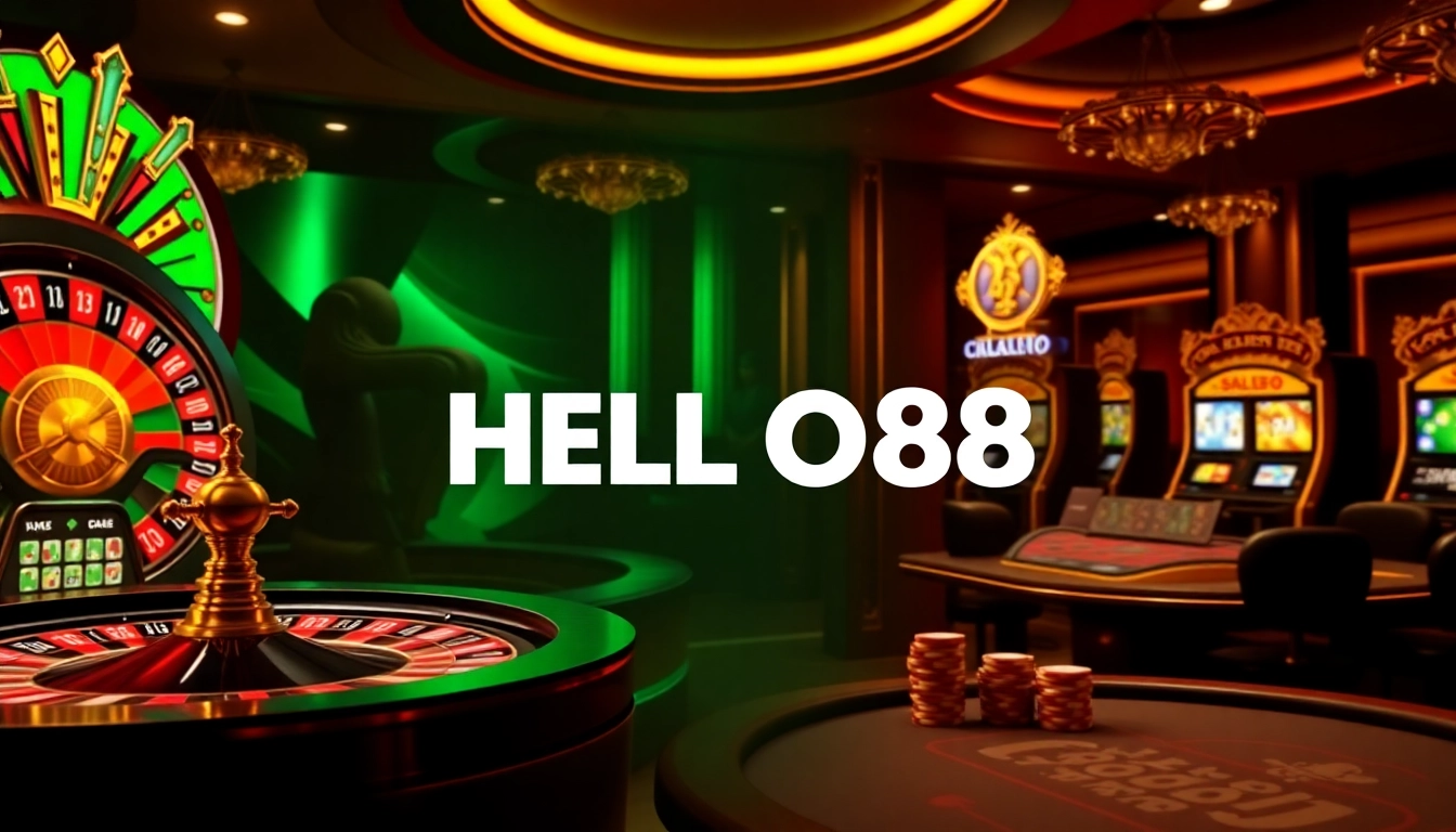 Experience high-stakes gaming with HELLO88's vibrant online casino interface featuring roulette and slot machines.