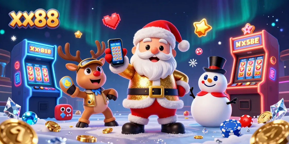 Play exciting slots with xx88 as Santa Claus celebrates in a vibrant casino scene filled with games and fun.