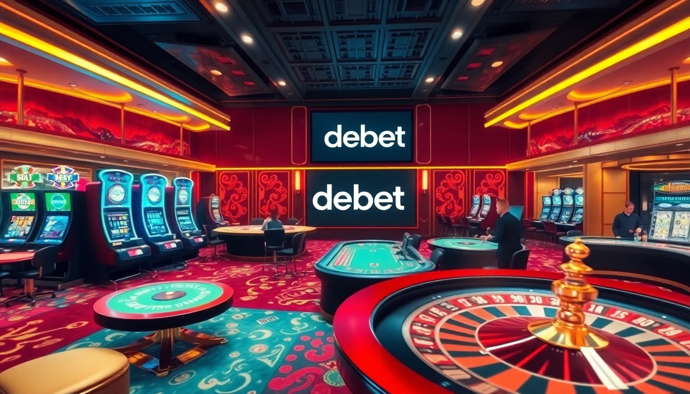Players enjoying a vibrant casino atmosphere at debet, engaging in poker and blackjack with colorful slot machines in view.