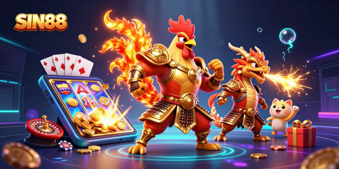 SIN88 showcases a vibrant 3D cartoon battle scene with a rooster warrior, dragon hatchling, and gambling elements.