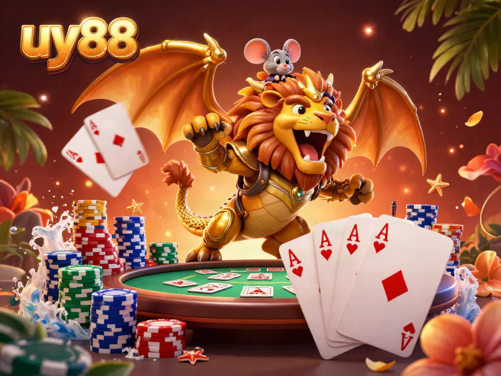 Engage with uy88 gaming action featuring an epic chimera creature and poker scene.