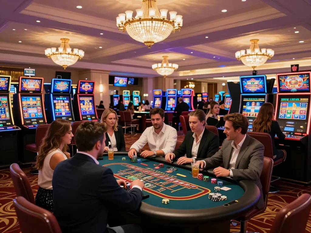 Players enjoying various games at OKFUN casino, showcasing excitement and luxury in the vibrant atmosphere.