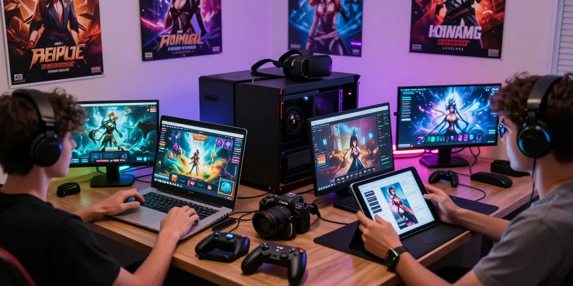 Exciting scene of players enjoying interactive hentai games html on multiple devices, showcasing vibrant game graphics and gaming peripherals.