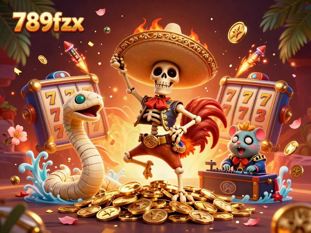 Experience thrilling wins with 789fzx in an interactive 3D casino scene featuring vibrant characters and game symbols.