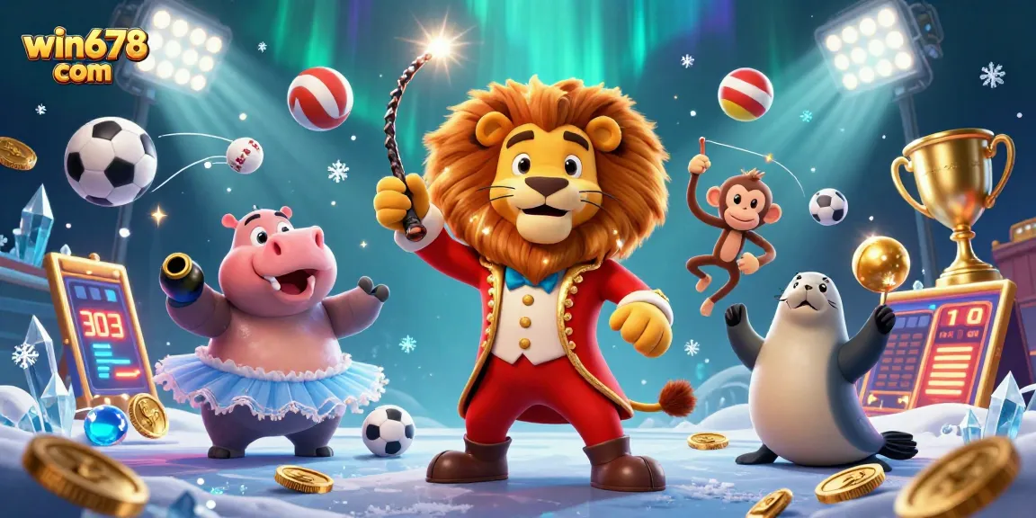 Experience exciting gameplay at win678 com with a fun casino scene featuring dynamic sports elements and cheerful characters.