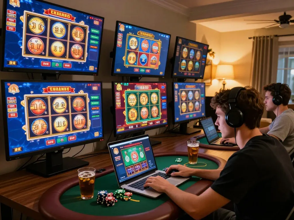 Person playing EE88 casino games at home, engaged in strategic online gameplay with cozy ambiance.