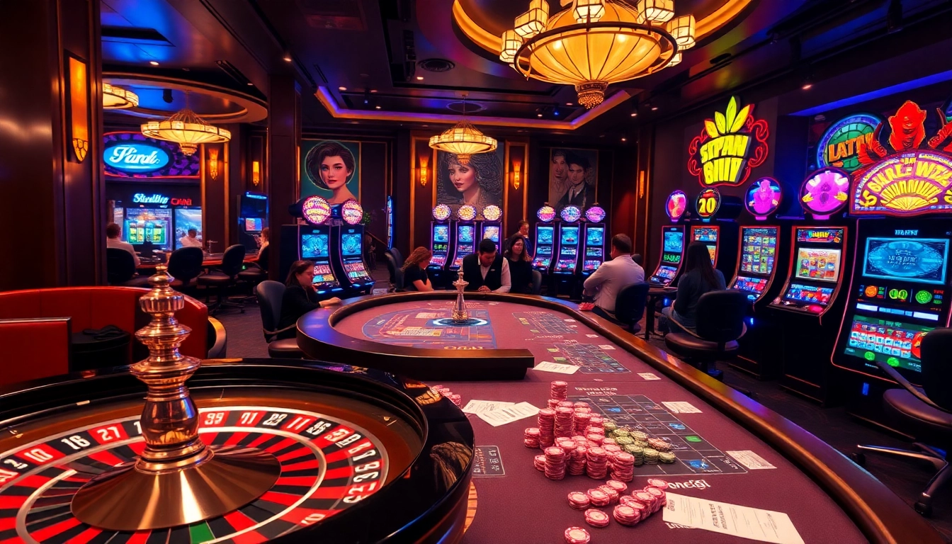 Bettors engage with games at http://bong88.review/, featuring vibrant casino elements like roulette wheels and poker tables.