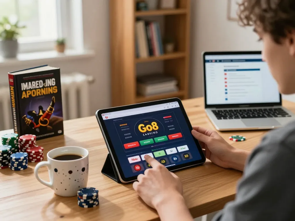 Engaged player using the Go8 app for strategic betting in a cozy home setting.