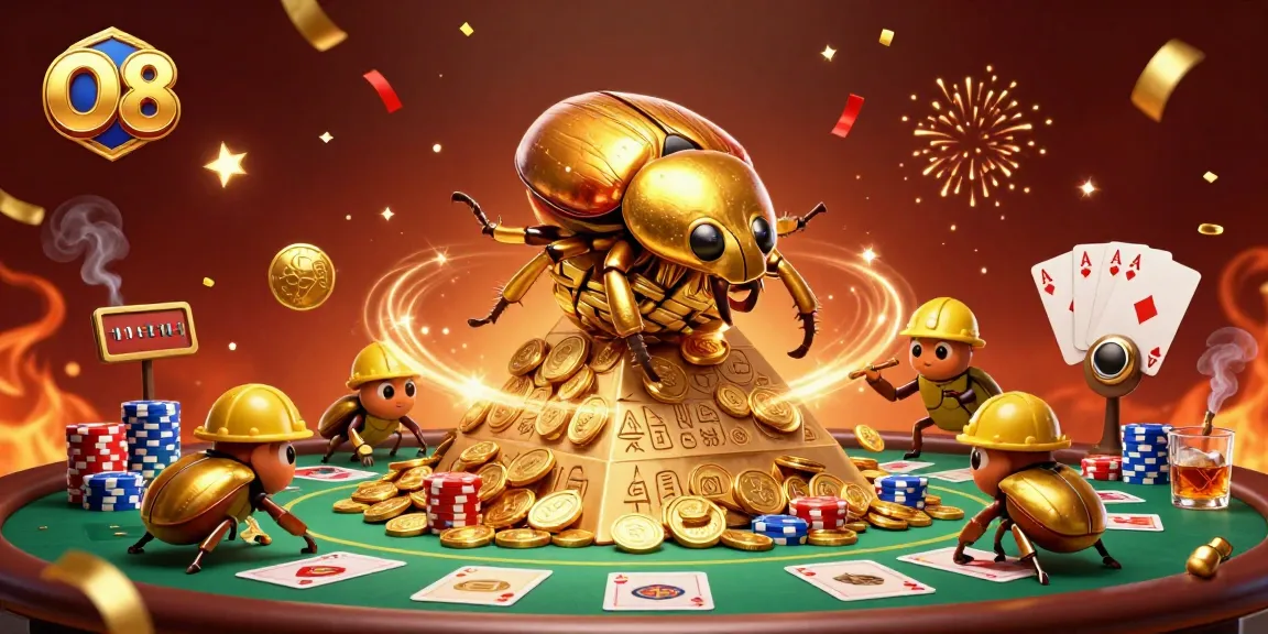 Experience the excitement of O8 as a giant beetle rolls coins towards victory on the casino pyramid.