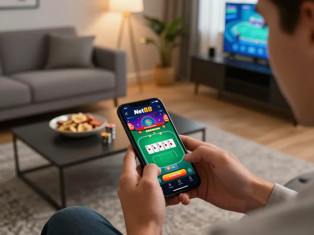 Playing poker on the Net88 app in a cozy home setting.