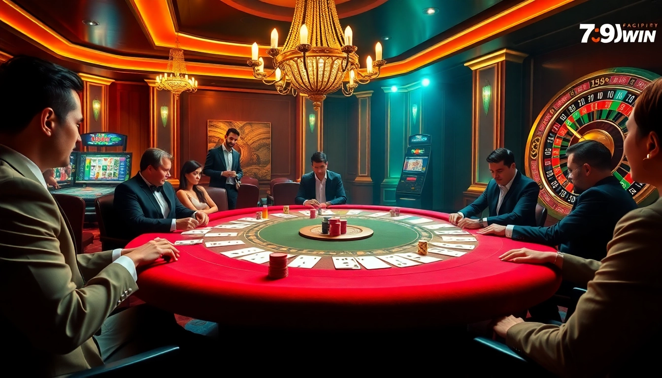 Players strategize at a luxurious poker table while engaging with 789win gaming options.
