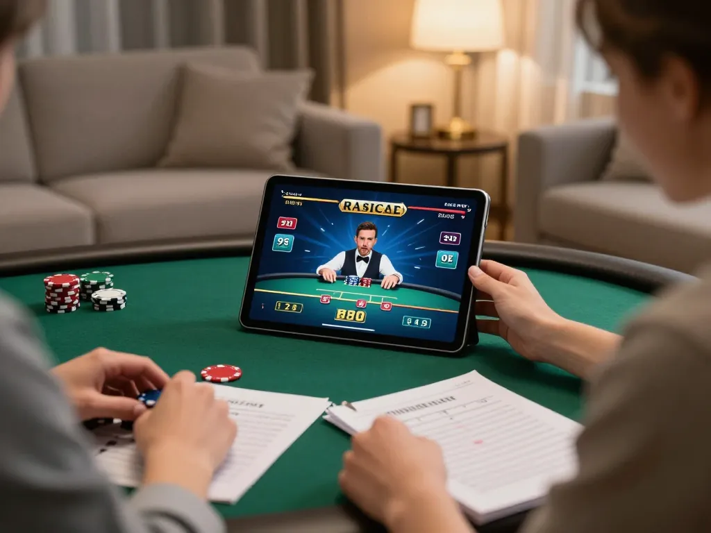 Engaging with 99ok poker online, a player focuses on strategy notes in a cozy room.