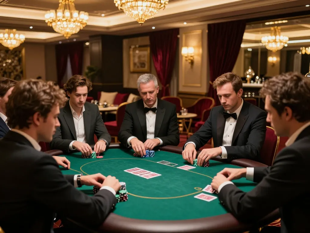 LC88 players strategizing in high-stakes poker game with elegant decor and focused atmosphere