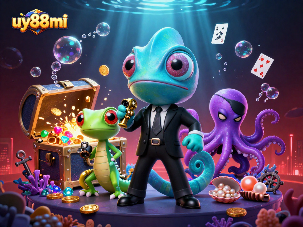 Join the excitement at uy88mi, where a colorful chameleon and friends celebrate thrilling gaming moments.