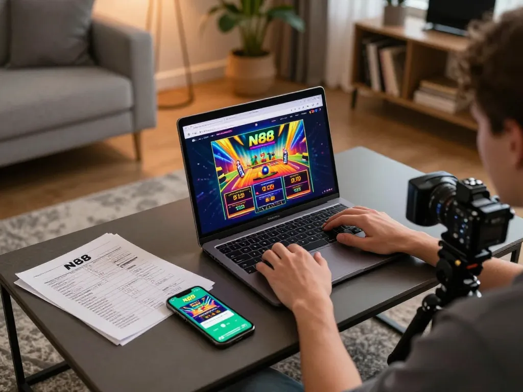 N88 online gaming experience with a player showcased on a laptop, reflecting dynamic casino gameplay.