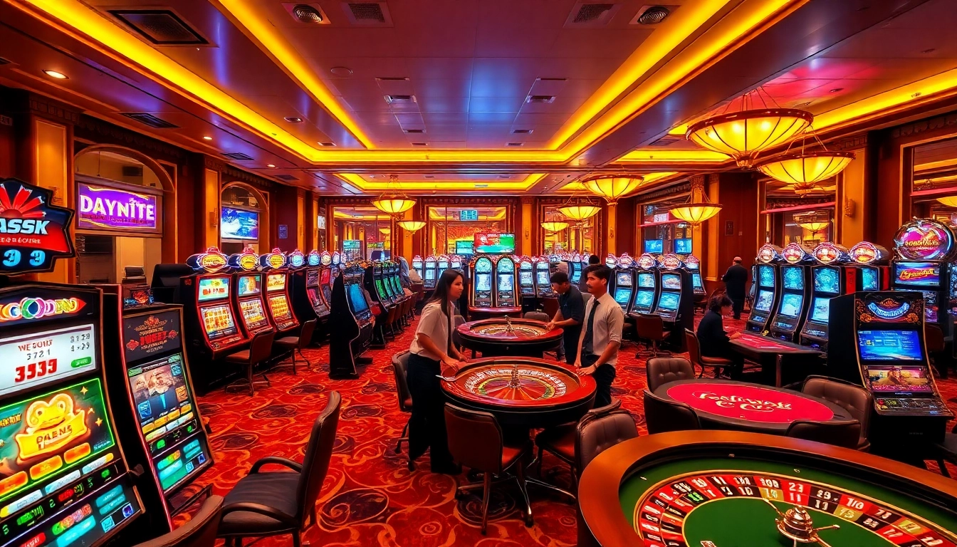 Players enjoying thrilling games at a nhà cái uy tín casino, showcasing excitement and luxury.
