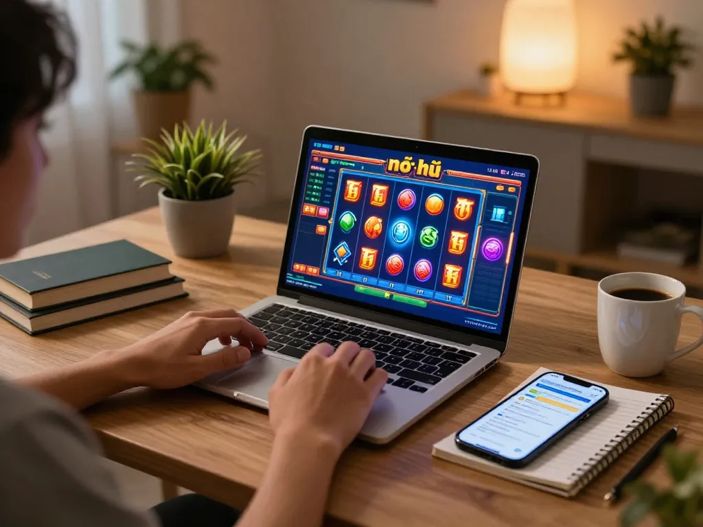 Player engaging with nổ hũ online slots on laptop in a cozy home setting, showcasing strategic gaming.