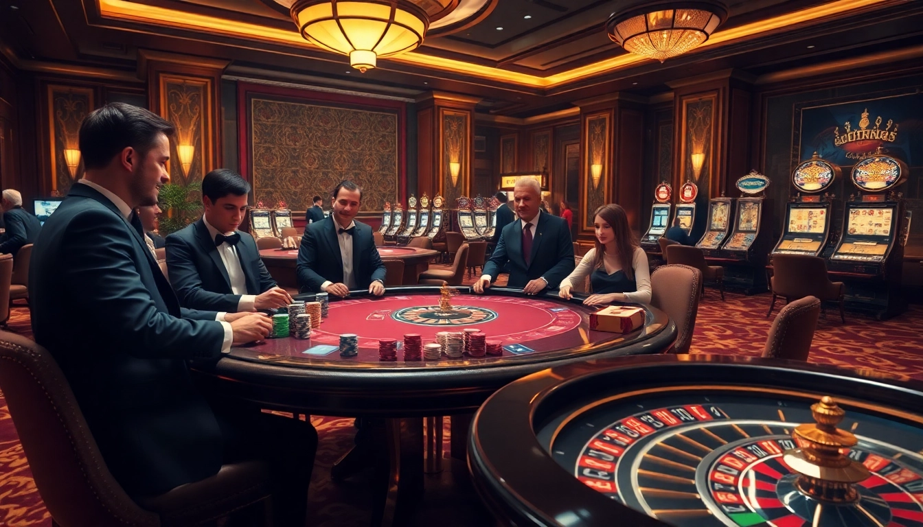 Players enjoying high-stakes poker at UU 88 casino tables amidst a vibrant gambling atmosphere.