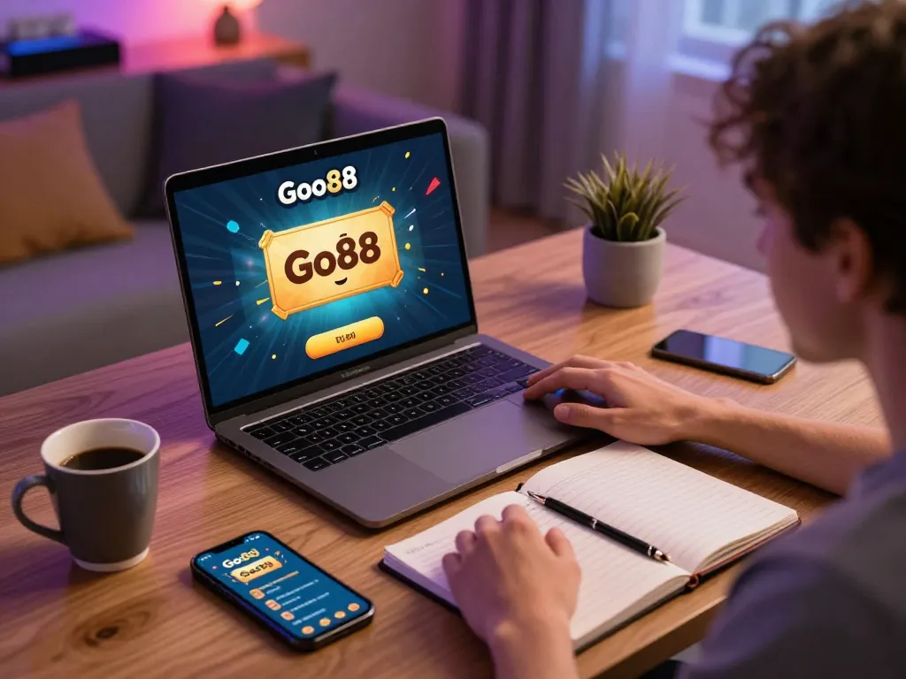 Engaging in game bài go88 online on a laptop in a cozy setup, displaying excitement and strategy.