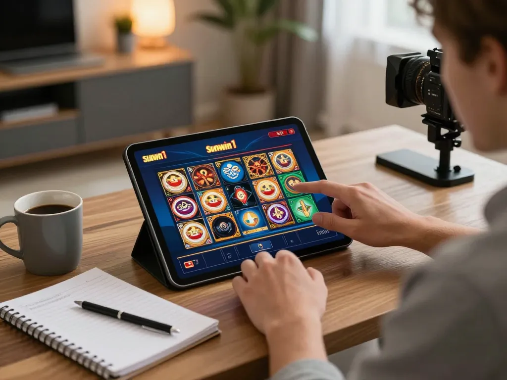 Player engaging with the sunwin1 app on a tablet while strategizing in a cozy home office.
